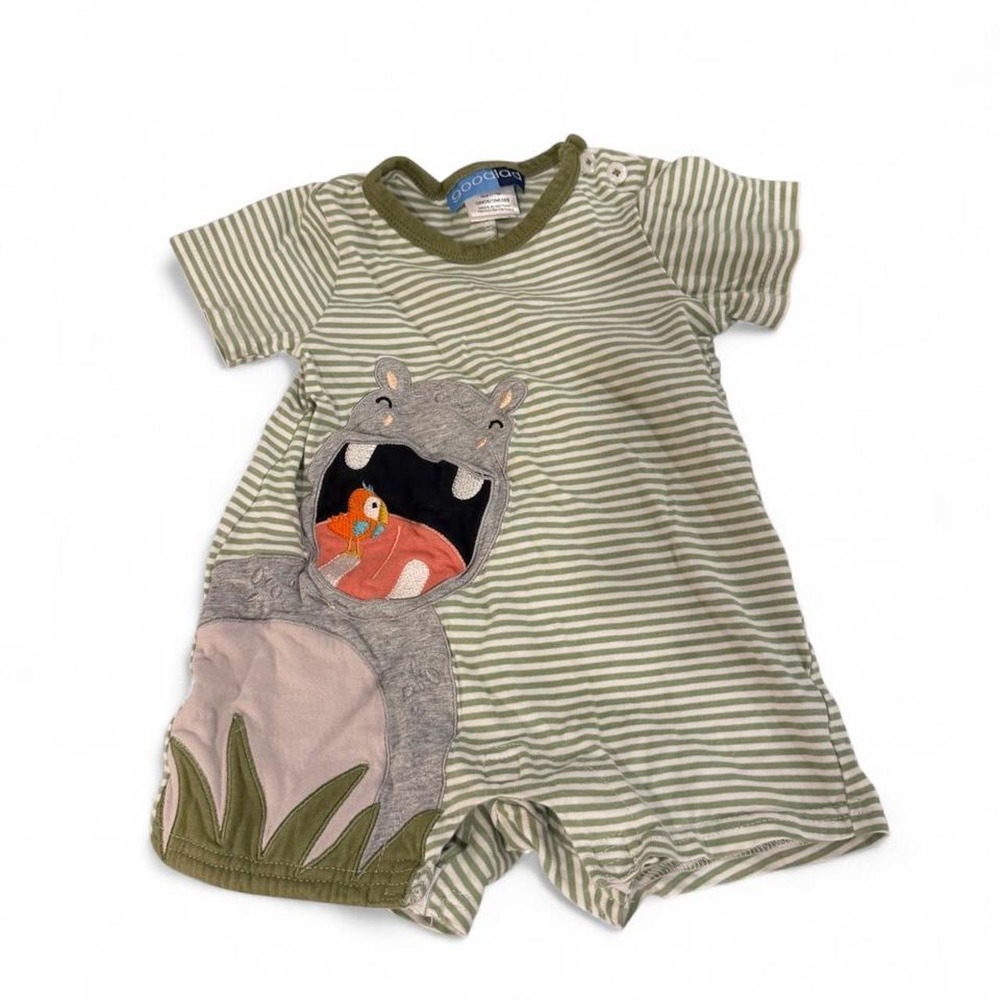Good Lad Baby Boy Hippo Stripe Romper Green White 12 Months Safari Animal